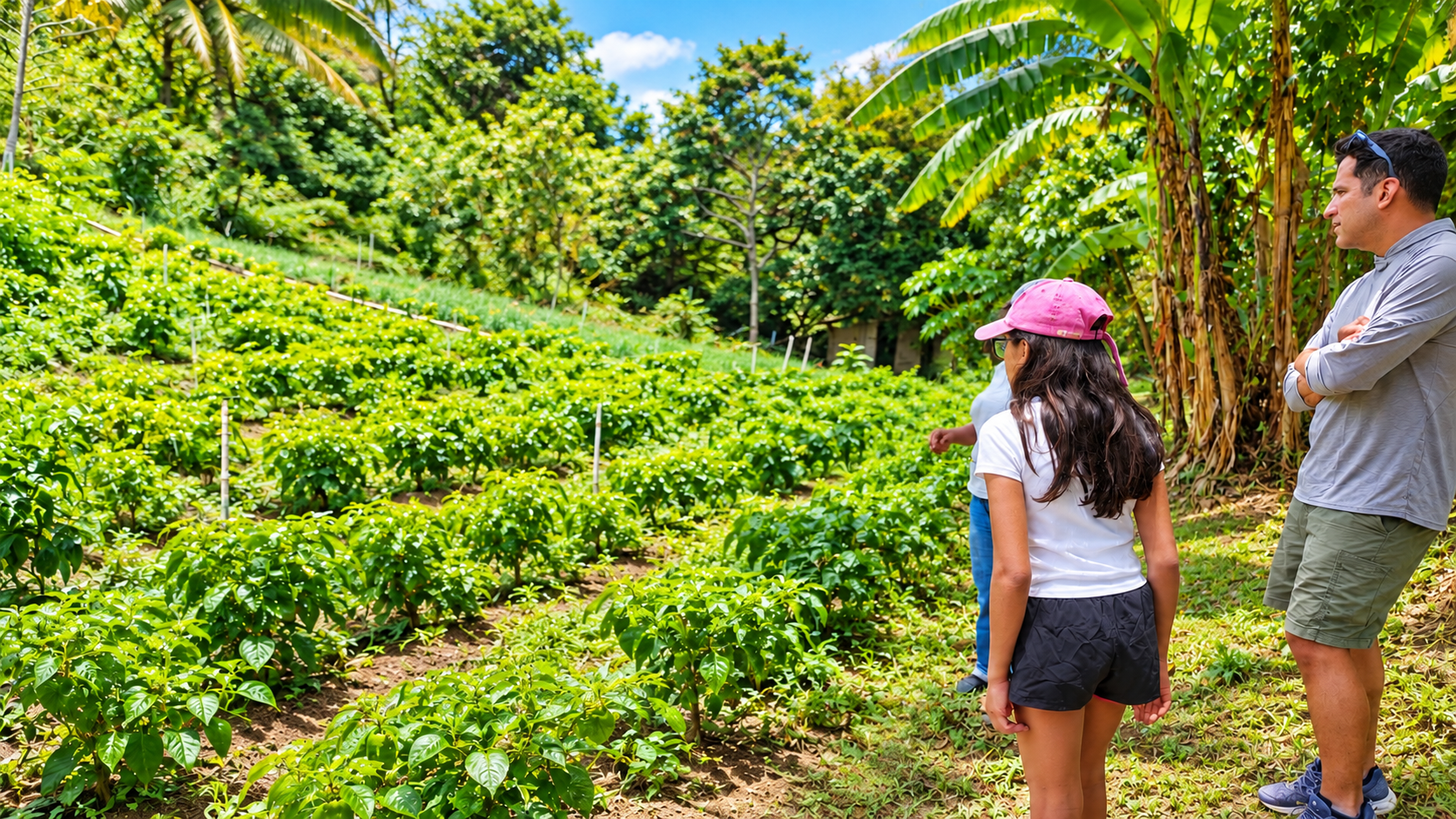 Visitors exploring the lush garden beds during a tour of T’s EcoGarden