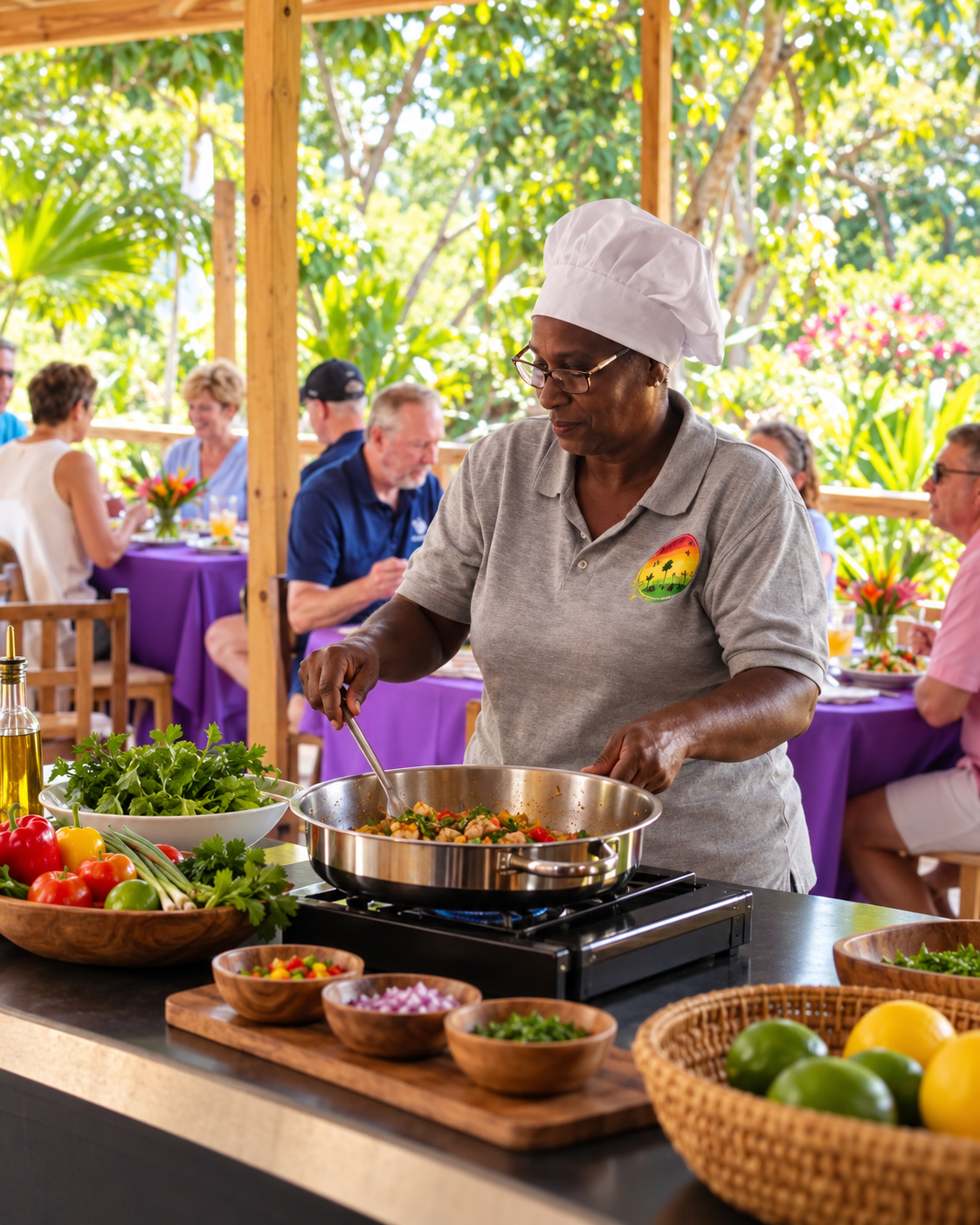 Theresa preparing food with vegetables and herbs while guests dine on the farm deck